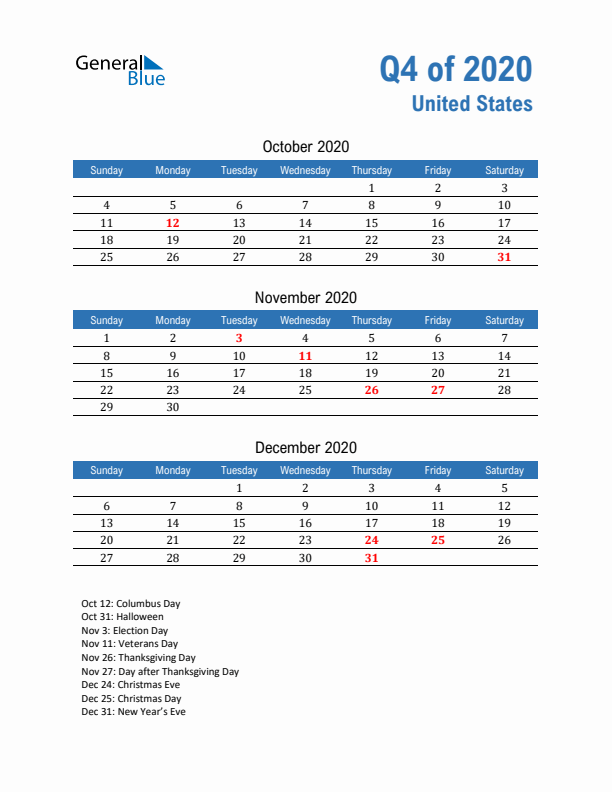 United States Q4 2020 Quarterly Calendar with Sunday Start