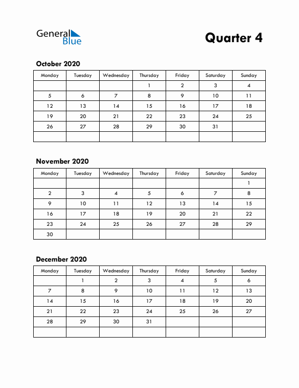 Quarter 4 2020 Calendar - Monday Start