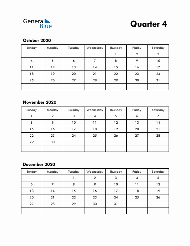 Quarter 4 2020 Calendar - Sunday Start