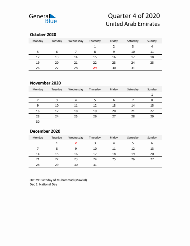 2020 Q4 Three-Month Calendar for United Arab Emirates