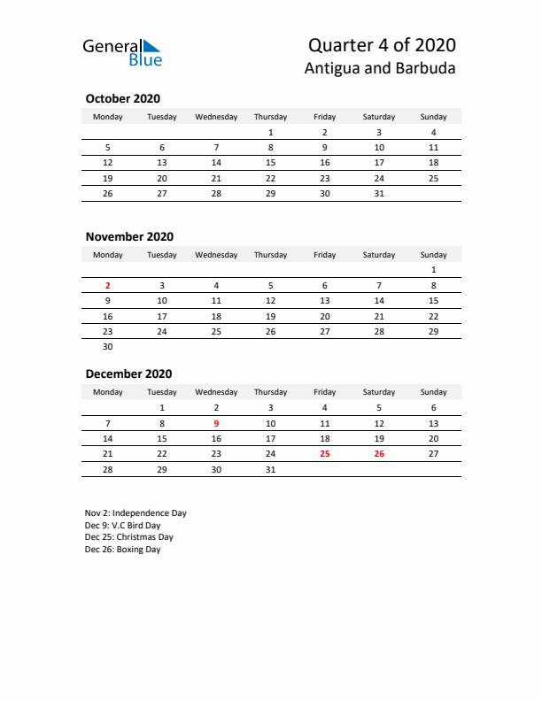 2020 Q4 Three-Month Calendar for Antigua and Barbuda