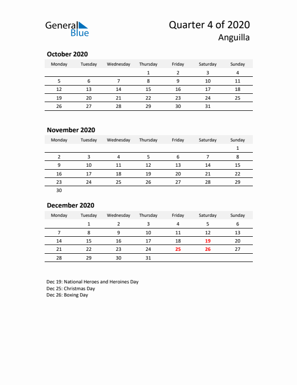 2020 Q4 Three-Month Calendar for Anguilla