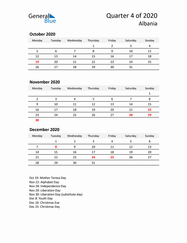 2020 Q4 Three-Month Calendar for Albania