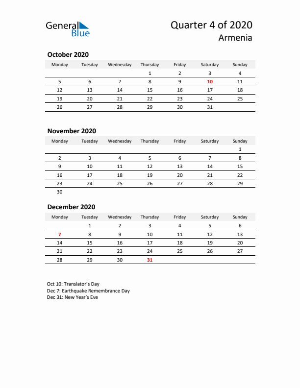 2020 Q4 Three-Month Calendar for Armenia