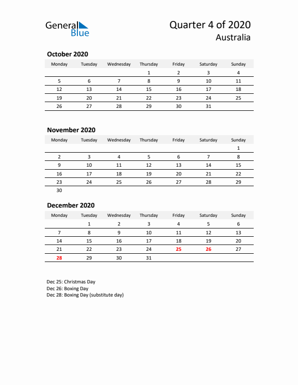 2020 Q4 Three-Month Calendar for Australia