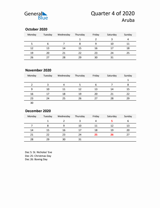 2020 Q4 Three-Month Calendar for Aruba