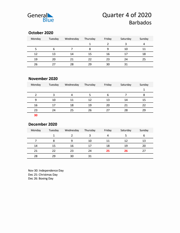 2020 Q4 Three-Month Calendar for Barbados