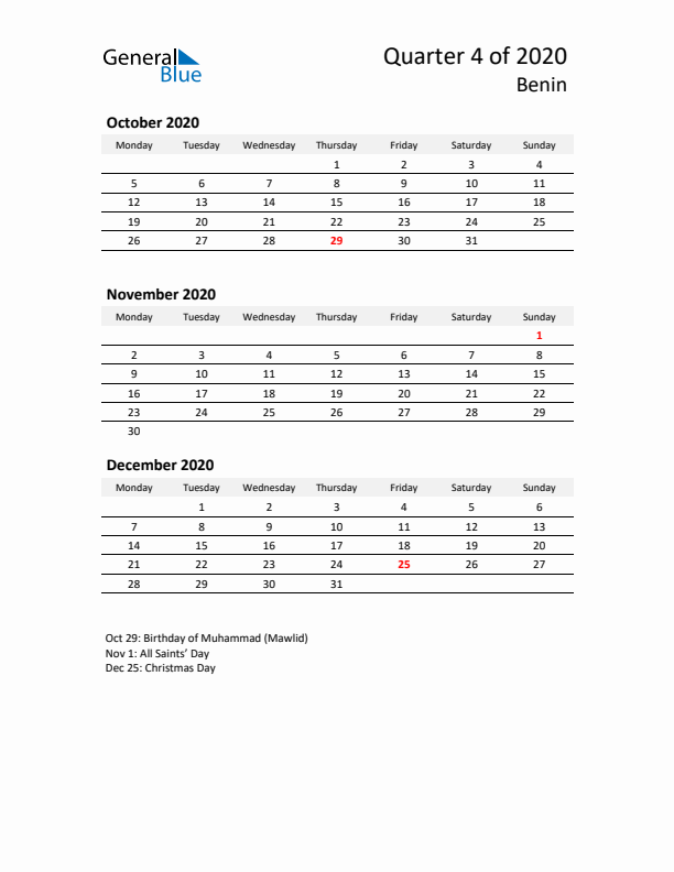 2020 Q4 Three-Month Calendar for Benin