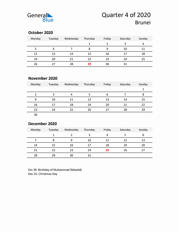 2020 Q4 Three-Month Calendar for Brunei