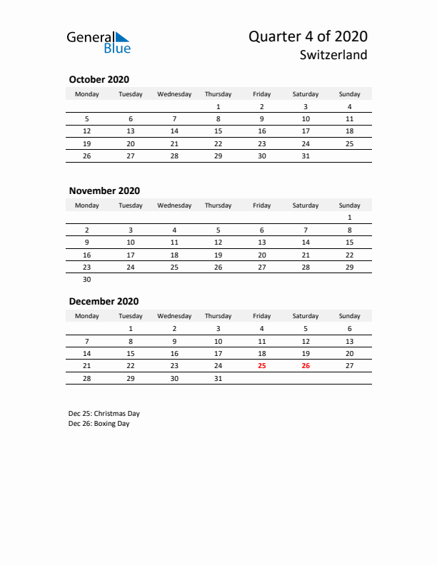 2020 Q4 Three-Month Calendar for Switzerland