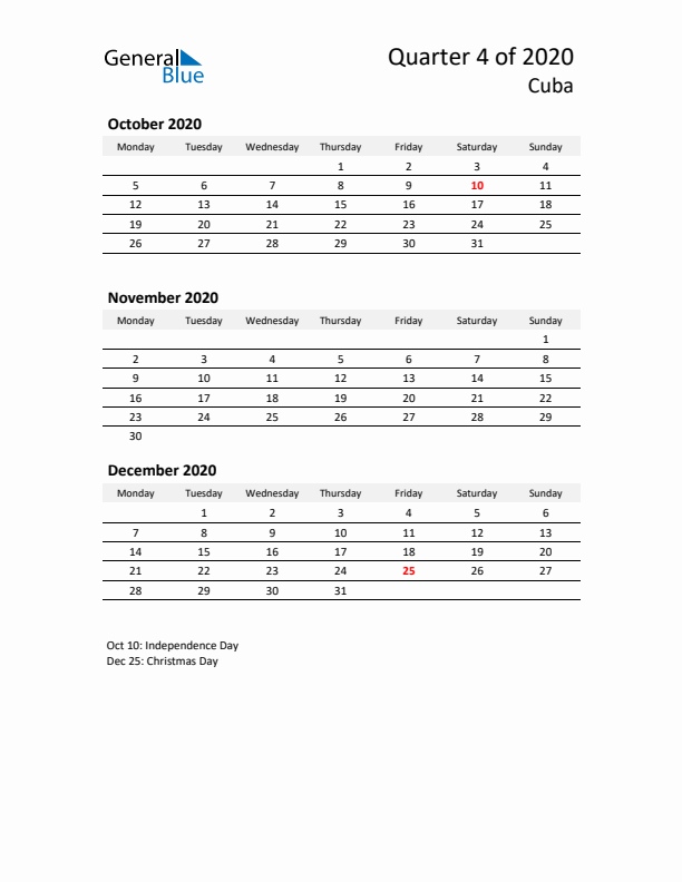 2020 Q4 Three-Month Calendar for Cuba