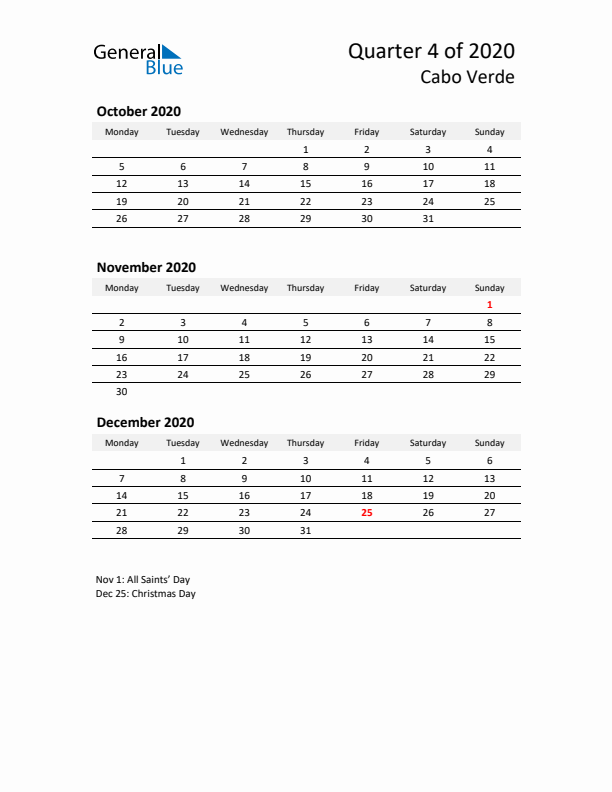 2020 Q4 Three-Month Calendar for Cabo Verde