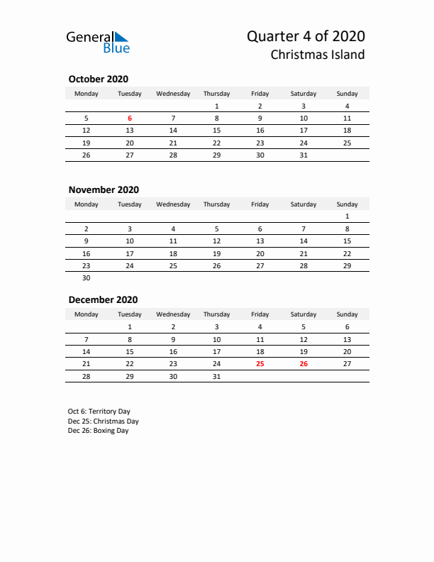 2020 Q4 Three-Month Calendar for Christmas Island