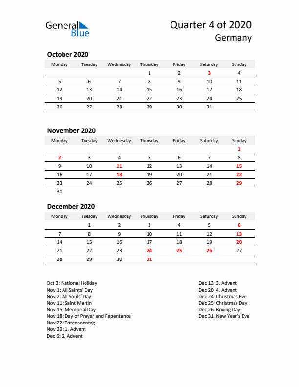 2020 Q4 Three-Month Calendar for Germany