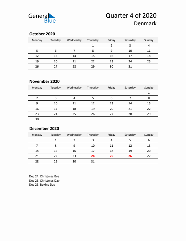 2020 Q4 Three-Month Calendar for Denmark