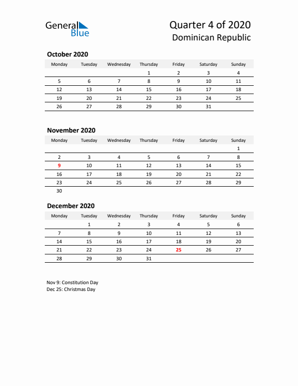 2020 Q4 Three-Month Calendar for Dominican Republic