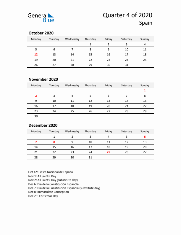 2020 Q4 Three-Month Calendar for Spain