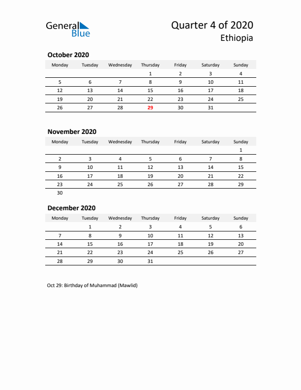 2020 Q4 Three-Month Calendar for Ethiopia