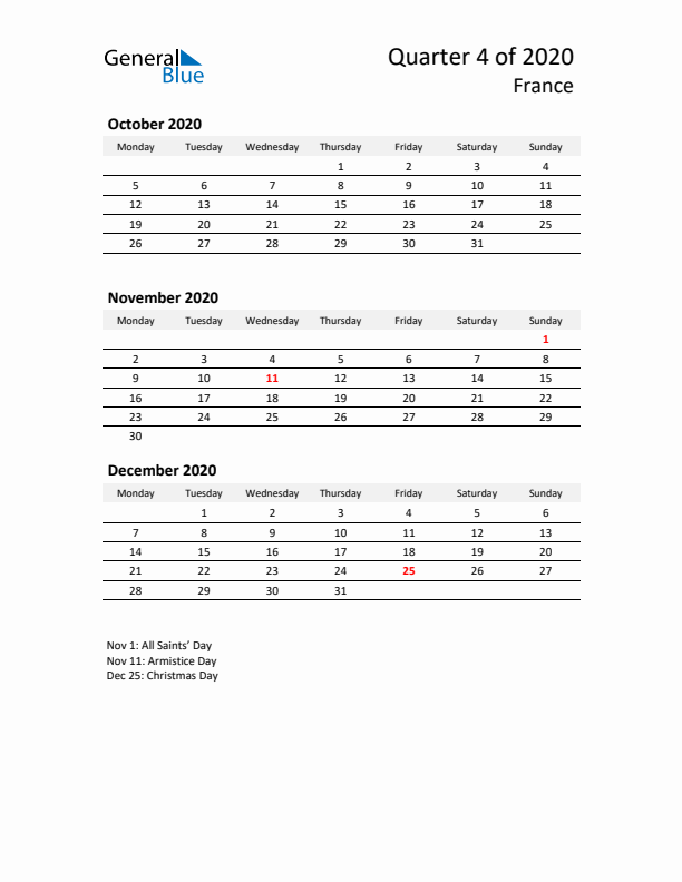 2020 Q4 Three-Month Calendar for France