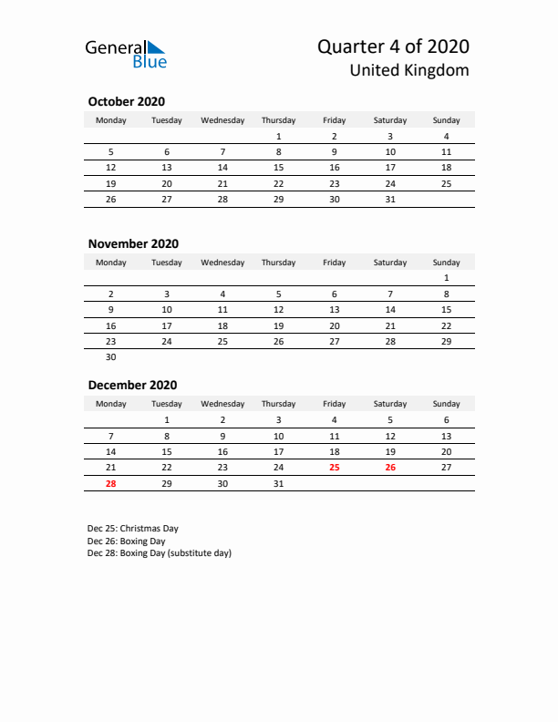 2020 Q4 Three-Month Calendar for United Kingdom