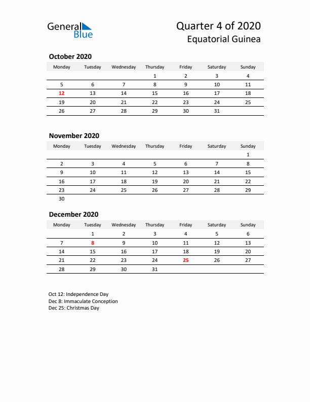 2020 Q4 Three-Month Calendar for Equatorial Guinea