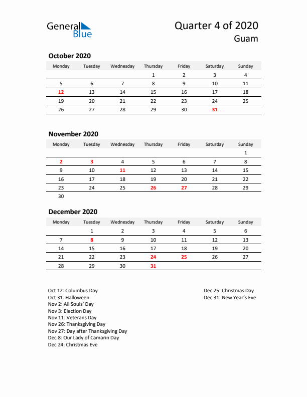 2020 Q4 Three-Month Calendar for Guam