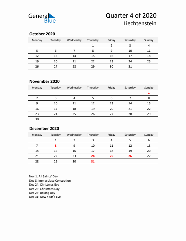 2020 Q4 Three-Month Calendar for Liechtenstein