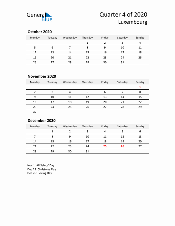 2020 Q4 Three-Month Calendar for Luxembourg