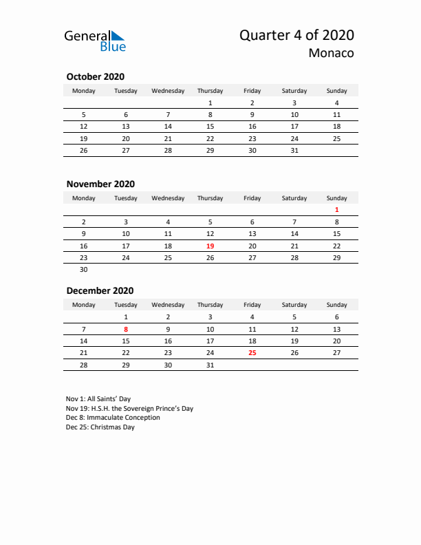 2020 Q4 Three-Month Calendar for Monaco