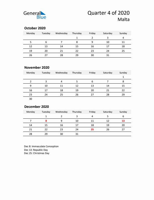 2020 Q4 Three-Month Calendar for Malta