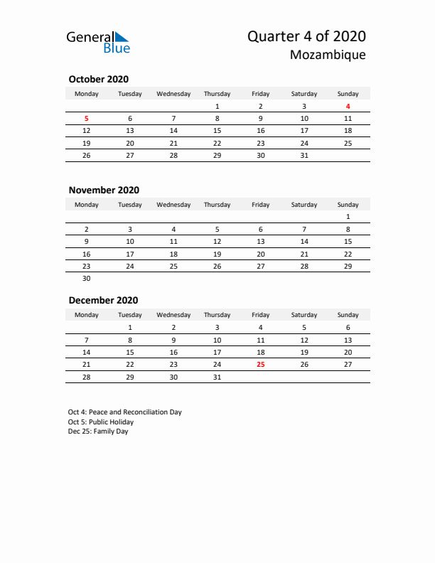 2020 Q4 Three-Month Calendar for Mozambique