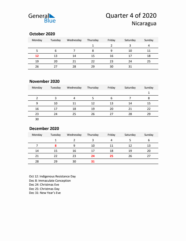 2020 Q4 Three-Month Calendar for Nicaragua