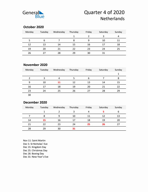 2020 Q4 Three-Month Calendar for The Netherlands