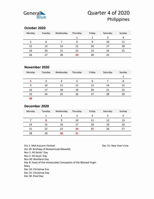 2020 Q4 Three-Month Calendar for Philippines