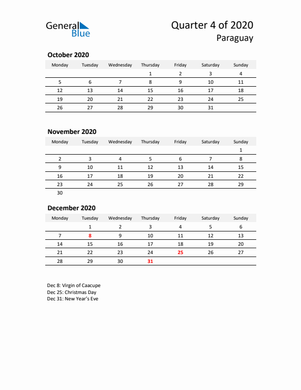 2020 Q4 Three-Month Calendar for Paraguay