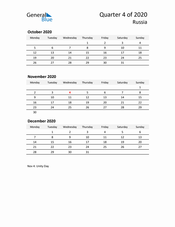 2020 Q4 Three-Month Calendar for Russia