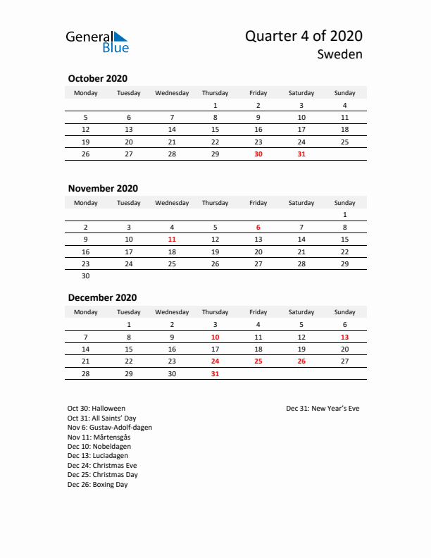 2020 Q4 Three-Month Calendar for Sweden