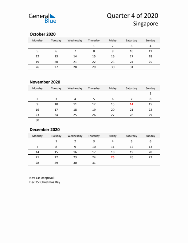 2020 Q4 Three-Month Calendar for Singapore