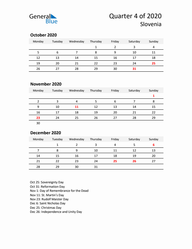 2020 Q4 Three-Month Calendar for Slovenia