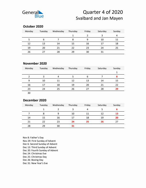 2020 Q4 Three-Month Calendar for Svalbard and Jan Mayen