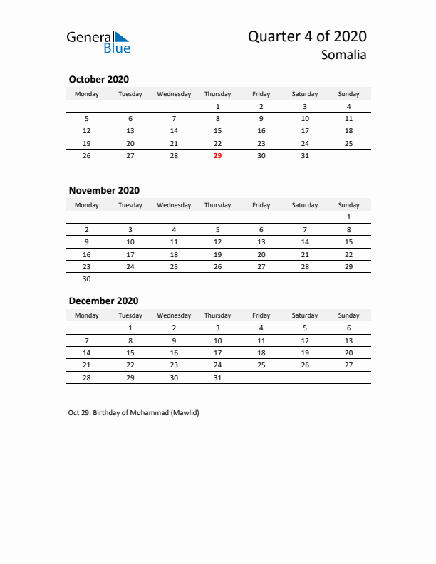 2020 Q4 Three-Month Calendar for Somalia