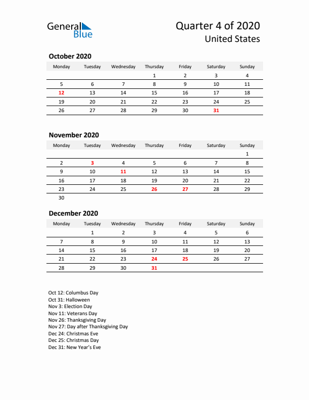 2020 Q4 Three-Month Calendar for United States