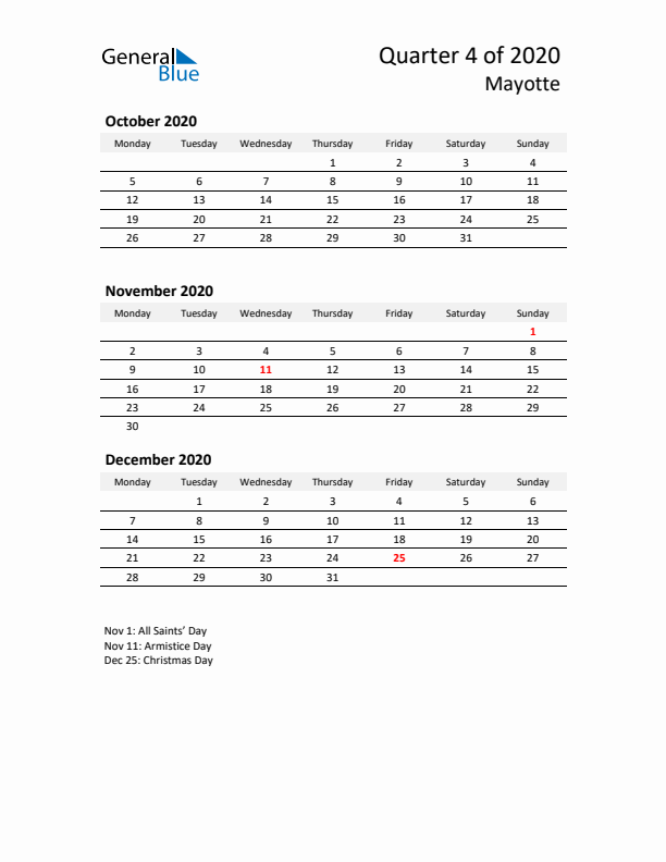 2020 Q4 Three-Month Calendar for Mayotte