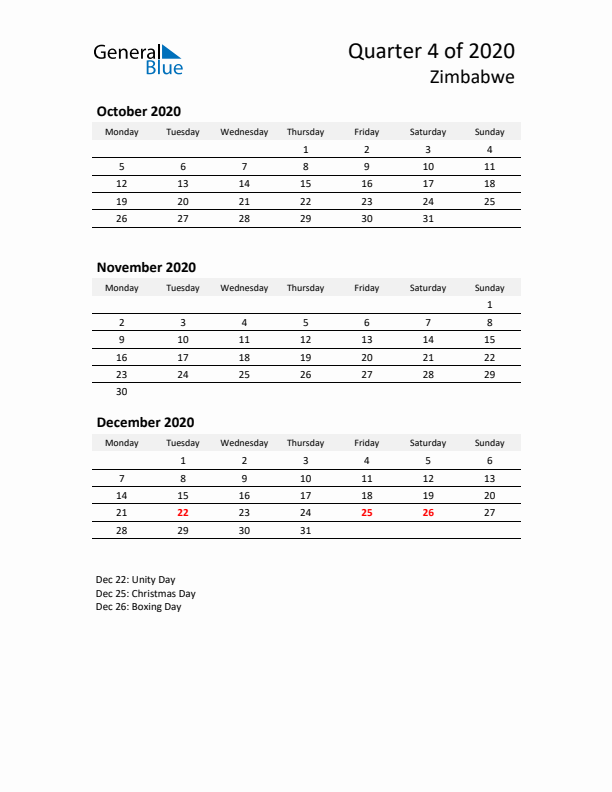 2020 Q4 Three-Month Calendar for Zimbabwe