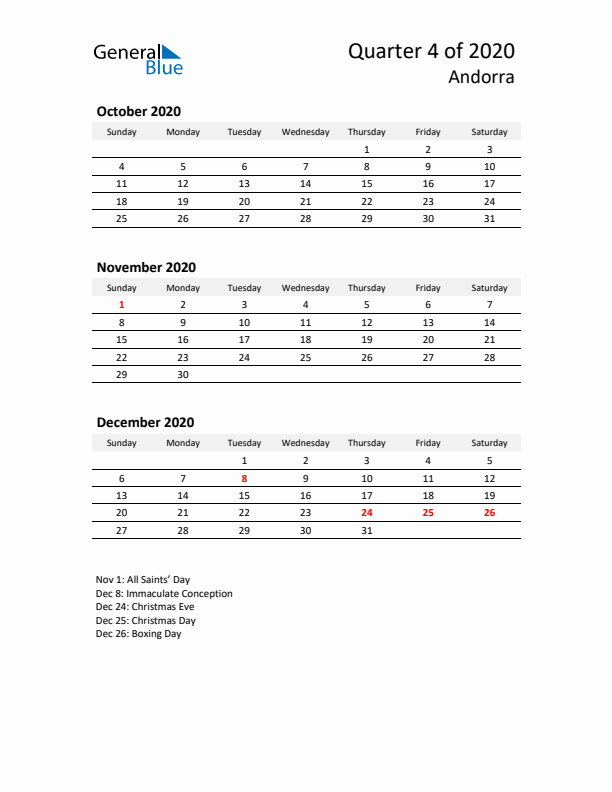 2020 Q4 Three-Month Calendar for Andorra