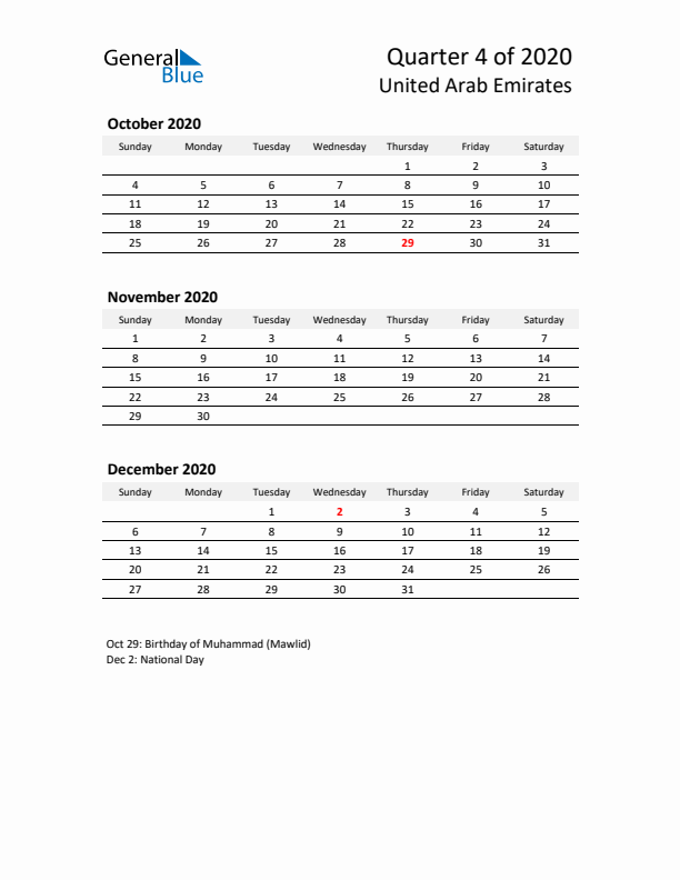 2020 Q4 Three-Month Calendar for United Arab Emirates