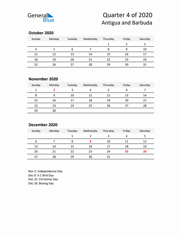 2020 Q4 Three-Month Calendar for Antigua and Barbuda