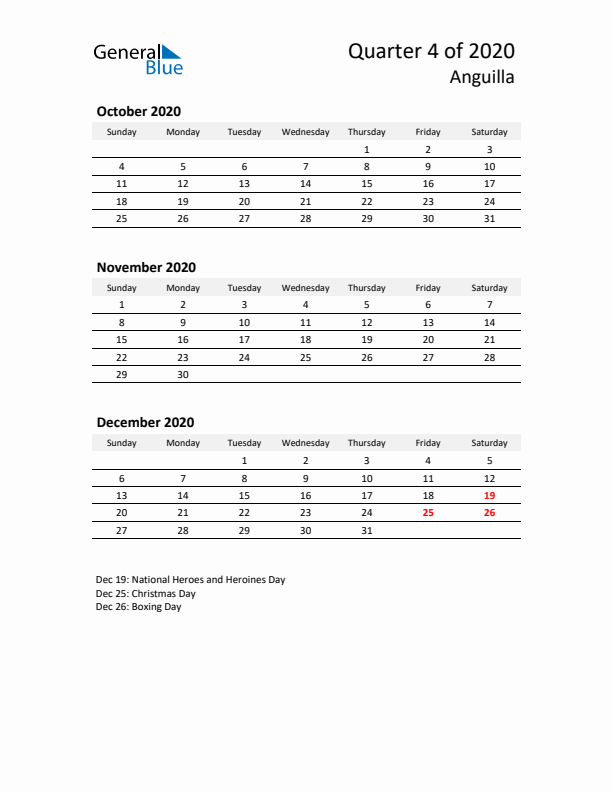 2020 Q4 Three-Month Calendar for Anguilla