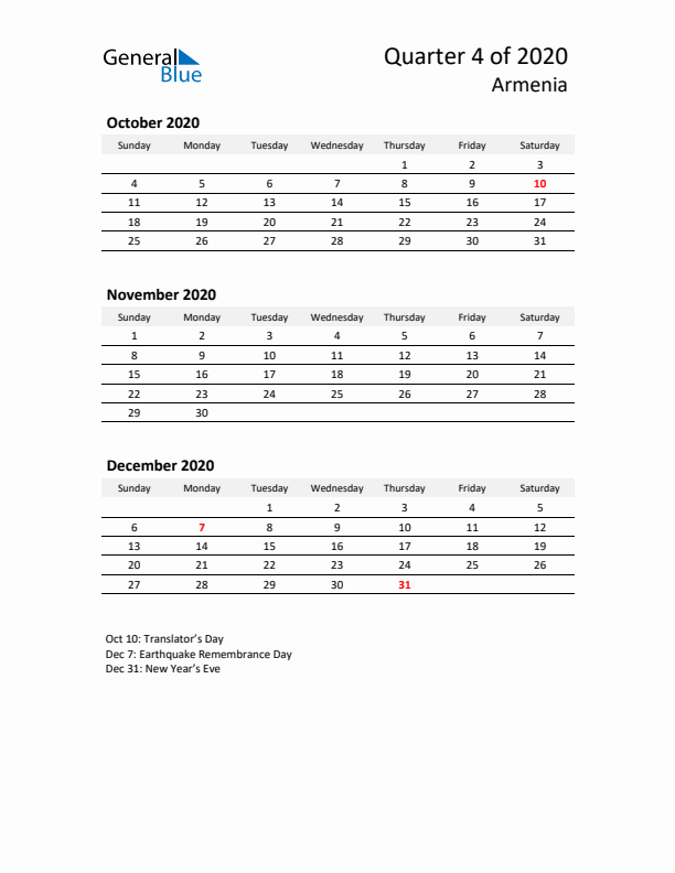 2020 Q4 Three-Month Calendar for Armenia