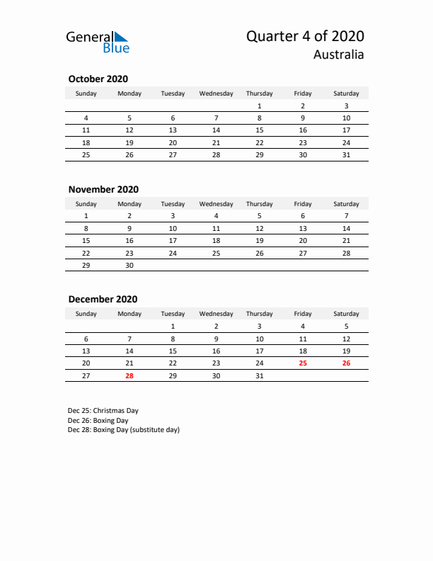 2020 Q4 Three-Month Calendar for Australia